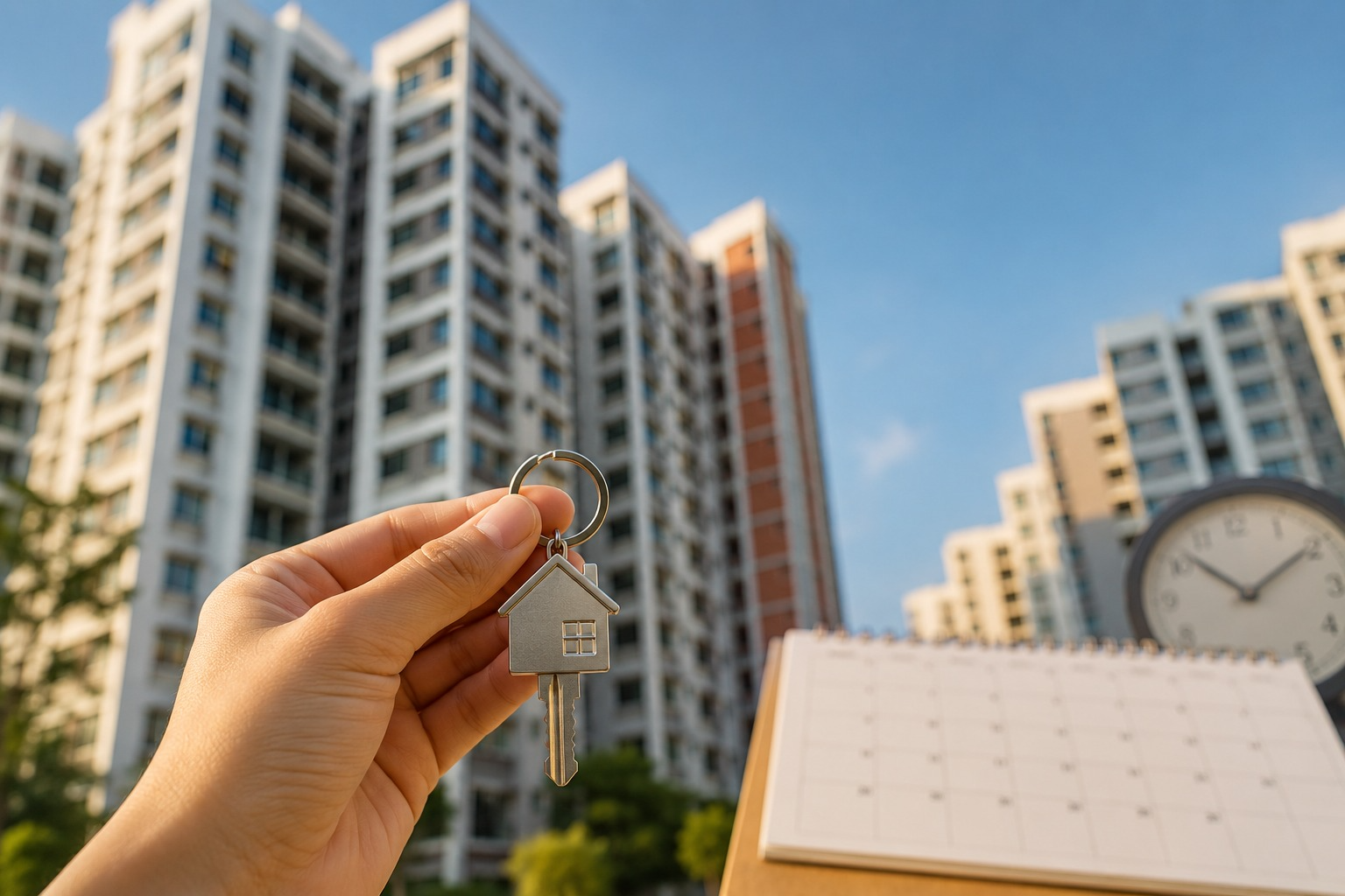 Hand holding a house-shaped key in front of HDB blocks with a calendar, illustrating HDB MOP rules in Singapore