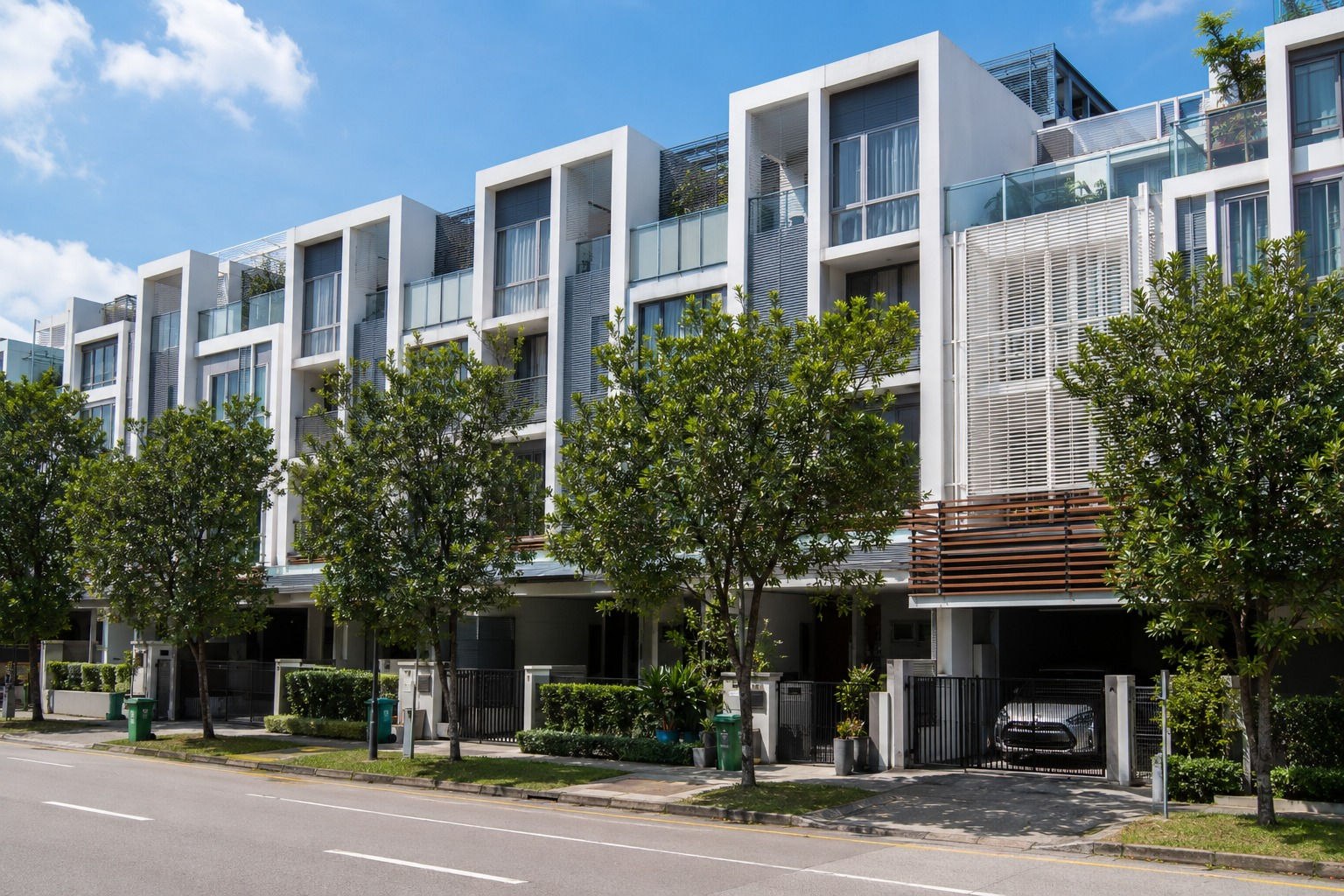 Modern townhouse terrace homes in Singapore with greenery and private parking, illustrating townhouse investment