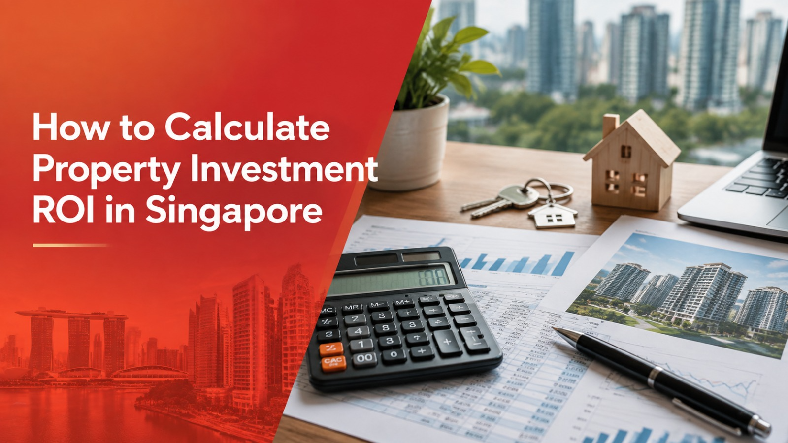 Calculator, financial charts, house keys, and a miniature wooden house on a desk with the Singapore skyline in the background